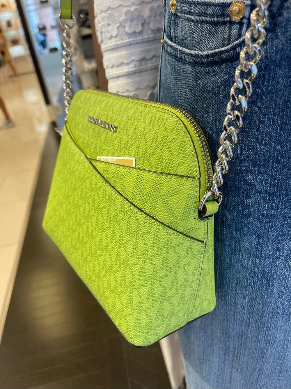 Michael Kors Jet Set Travel Medium Logo Dome Crossbody XBODY Bag Lime NWT